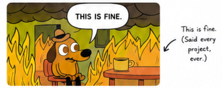 Cartoon dog sitting in a burning room saying 'this is fine' — a metaphor for ignoring a failing project